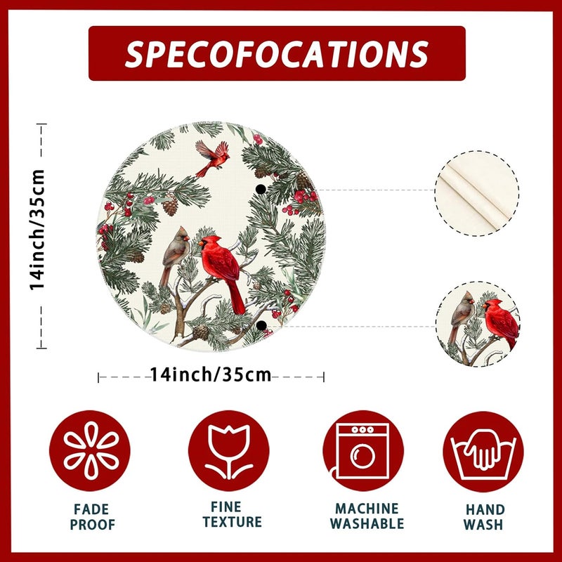 XCHI Cardinal Birds Winter Pine Tree Christmas Xmas Round Placemats Set of 4 Table Mats for Party Home Kitchen Dining Table Decorations 14x14 Inch - Image 5